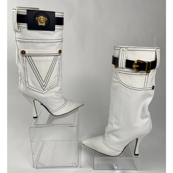 VERSACE Stiletto White Denim Boots 39 - Picture 9 of 12
